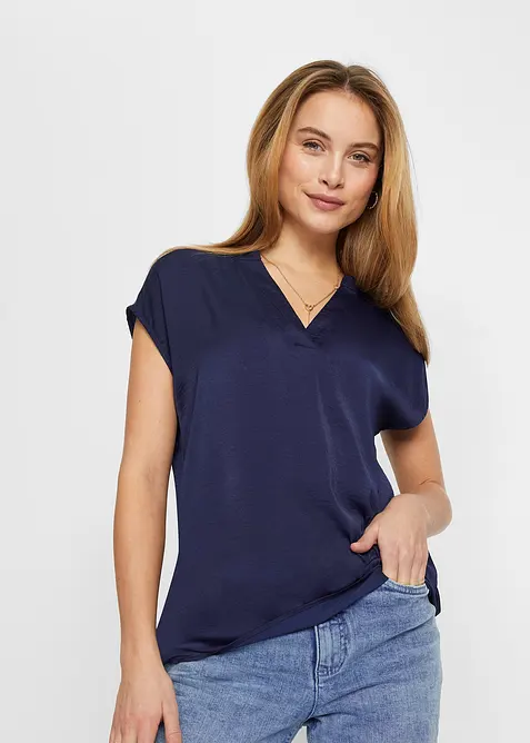 Blouse manches courtes ample en satin avec épaules descendues, bonprix
