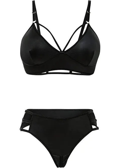 Brassière et string ouvert avec empiècement wetlook (ens. 2 pces), bonprix