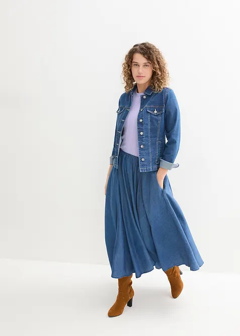 Jupe en jean, taille haute et &eacute;lastiqu&eacute;e, bonprix