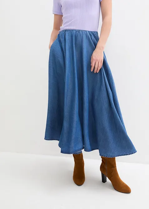 Jupe en jean, taille haute et &eacute;lastiqu&eacute;e, bonprix