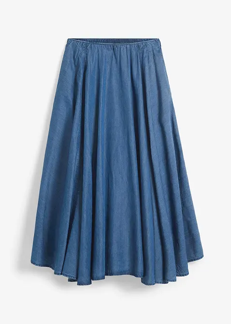 Jupe en jean, taille haute et &eacute;lastiqu&eacute;e, bonprix