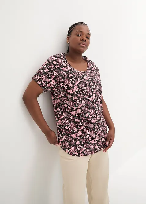 Locker geschnittenes Shirt aus Flammgarn mit abgerundetem Saum aus Bio-Baumwolle, bonprix