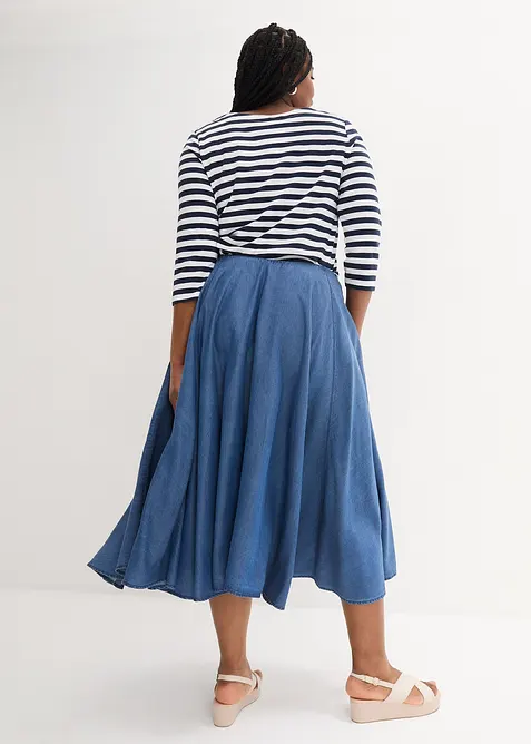 Jupe en jean, taille haute et &eacute;lastiqu&eacute;e, bonprix