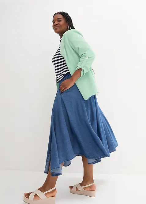 Jupe en jean, taille haute et &eacute;lastiqu&eacute;e, bonprix