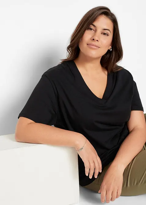 Weites Long-Shirt mit V-Ausschnitt, Kurzarm (5er Pack), bonprix