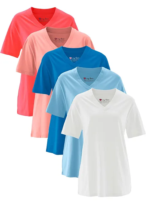 Lot de 5 T-shirts longs et amples à col V, bonprix