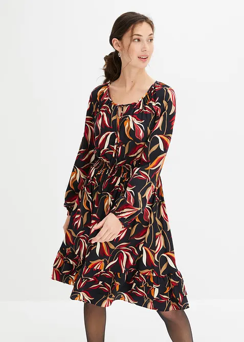 Robe en viscose tiss&eacute;e &agrave; ceinture smock&eacute;e, longueur genou, bonprix