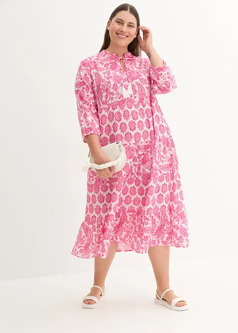 Robe midi en cr&eacute;pon de coton avec poches et manches 3/4, bonprix
