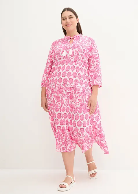 Robe midi en cr&eacute;pon de coton avec poches et manches 3/4, bonprix