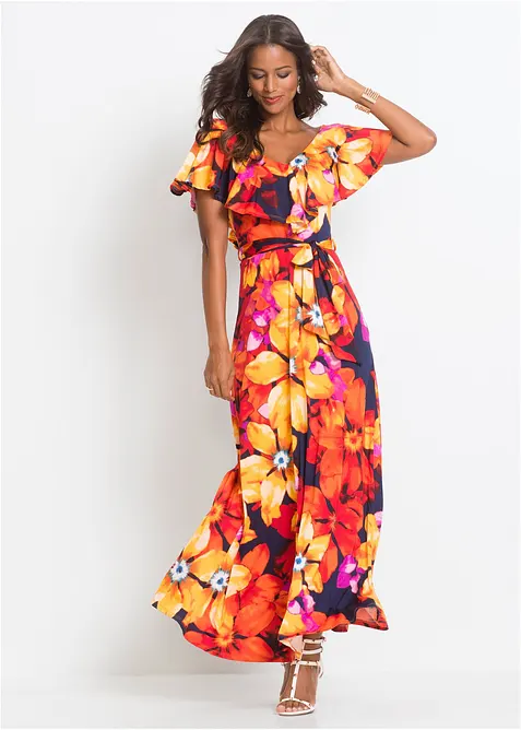 Robe longue &agrave; volant et ceinture, bonprix