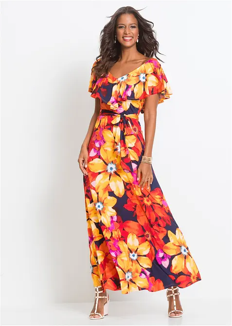 Robe longue &agrave; volant et ceinture, bonprix