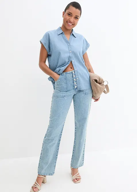 Jeans-Kurzarmbluse mit Leinen, bonprix