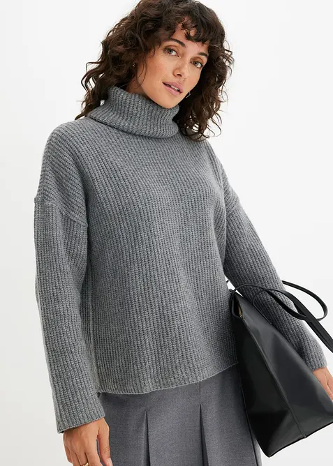 Pull col roul&eacute; en maille c&ocirc;tel&eacute;e, bonprix