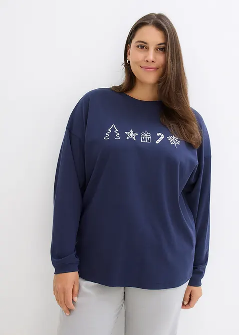T-shirt manches longues oversize à motifs de Noël brodés, bonprix