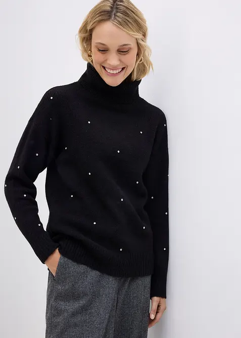 Rollkragenpullover mit Strasssteinen, bonprix