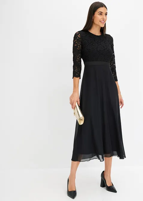 Robe midi en mousseline légère avec haut en dentelle, bonprix