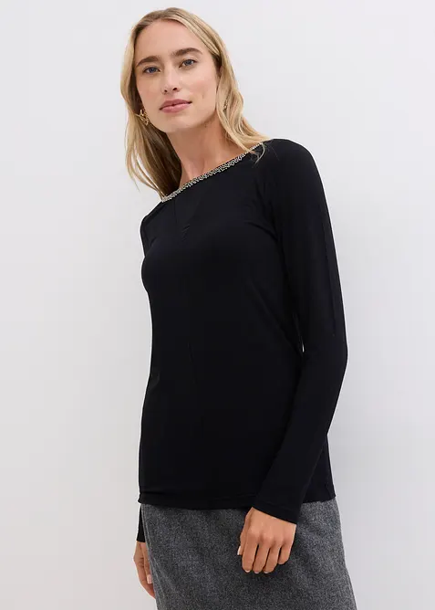 T-shirt manches longues avec empi&egrave;cement mesh et strass, bonprix