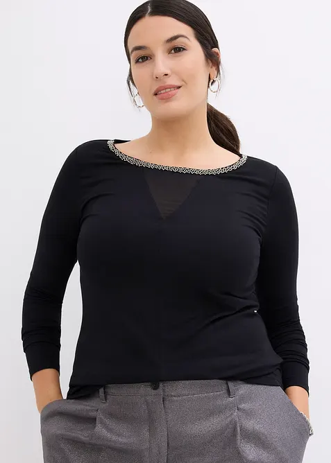T-shirt manches longues avec empi&egrave;cement mesh et strass, bonprix