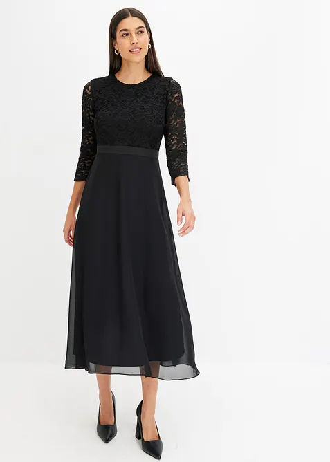 Robe midi en mousseline légère avec haut en dentelle, bonprix