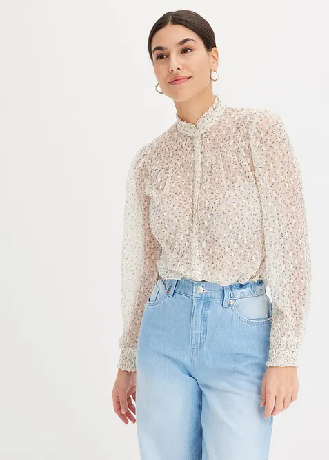 Blouse imprim&eacute;e en cr&ecirc;pe avec volants, bonprix