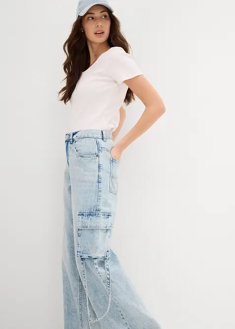 Jean cargo taille mi-haute, peu extensible, long, bonprix