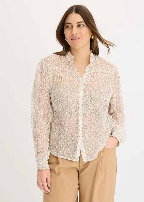Blouse imprim&eacute;e en cr&ecirc;pe avec volants, bonprix