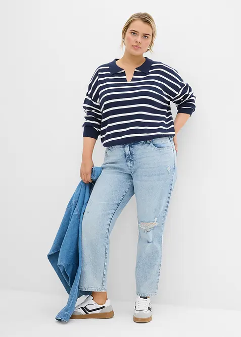 Jean droit cropped taille mi-haute &eacute;lastiqu&eacute;e, peu extensible, bonprix