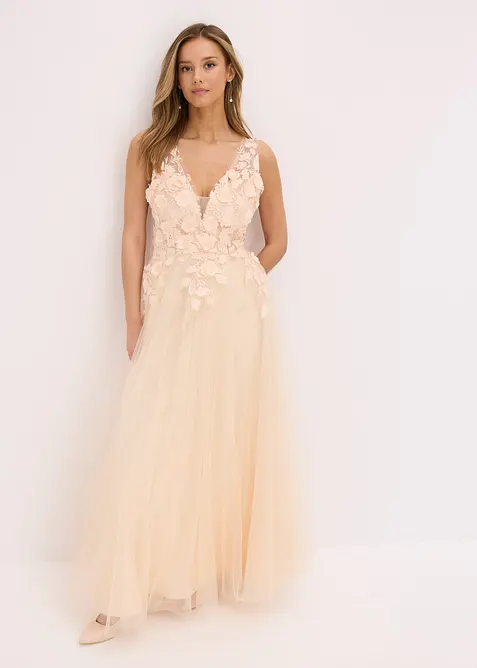 Robe longue en tulle fin avec fleurs appliquées, bonprix