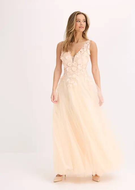 Robe longue en tulle fin avec fleurs appliquées, bonprix