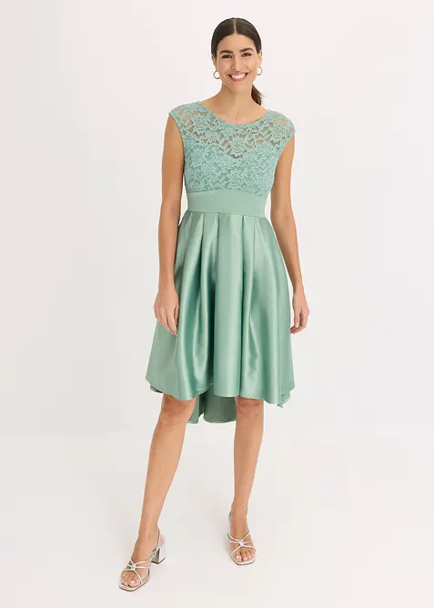 Robe courte devant, longue derrière en satin brillant avec dentelle, bonprix