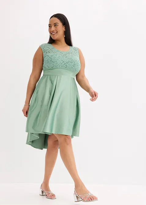 Vokuhila-Kleid aus glänzendem Satin mit Spitze, bonprix