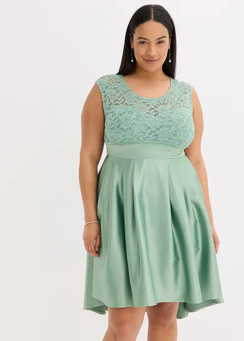 Vokuhila-Kleid aus glänzendem Satin mit Spitze, bonprix