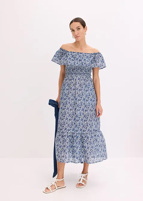 Boho-Midikleid mit Carmenausschnitt aus leichter Baumwolle, bonprix