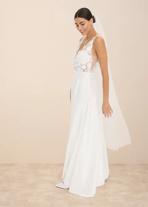 Robe de mariée en satin brillant avec application de fleurs, bonprix