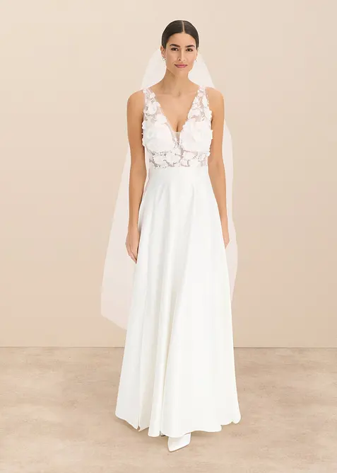 Robe de mariée en satin brillant avec application de fleurs, bonprix