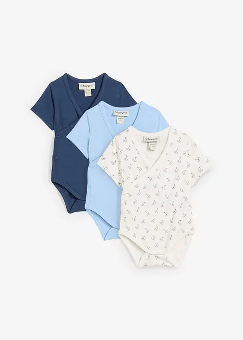 Lot de 3 bodies bébé croisés manches courtes, 100% coton, bonprix