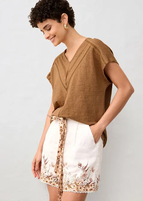 T-Shirt aus reinem Leinen mit Spitze, bonprix