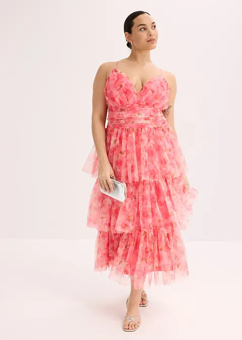 Robe midi en tulle fin à volants, bonprix