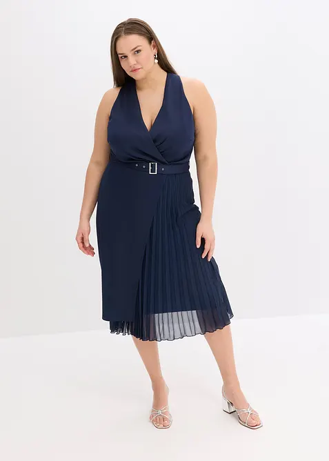 Midikleid in Wickel-Optik mit Plissee-Einsatz, bonprix