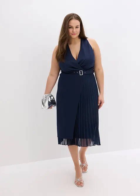 Midikleid in Wickel-Optik mit Plissee-Einsatz, bonprix
