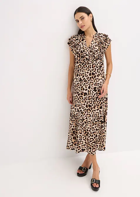 Midikleid mit Volants aus strukturiertem Cr&ecirc;pe, bonprix