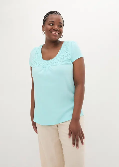 Baumwoll Shirt mit Spitze, Kurzarm, bonprix