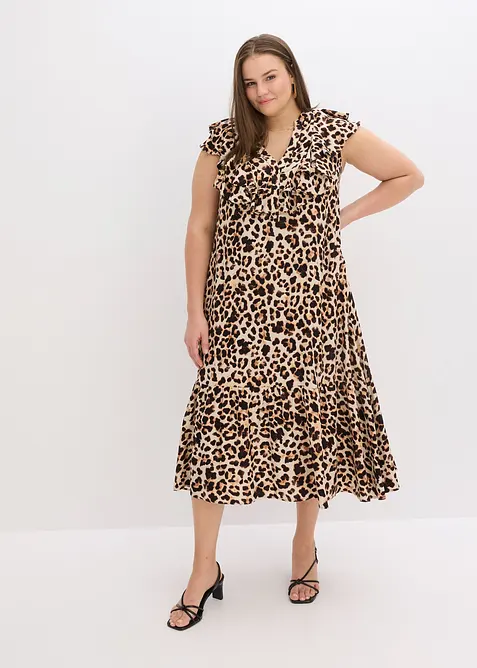 Midikleid mit Volants aus strukturiertem Cr&ecirc;pe, bonprix