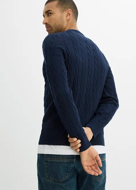 Feinstrickpullover mit Zopfmuster aus weichem Baumwollmix , Slim Fit, bonprix
