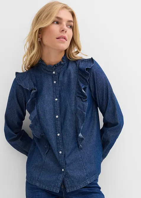 Jeansbluse mit Volants, aus reiner Baumwolle, bonprix