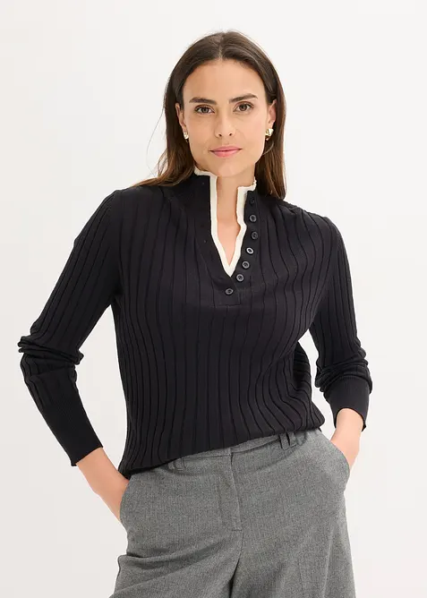 Gerippter Feinstrickpullover mit Viskose in 2 in 1 Optik, bonprix