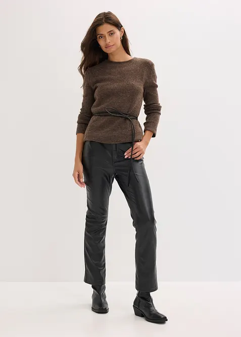 Strickshirt mit Wollanteil und Lederimitat- Bindeband, bonprix