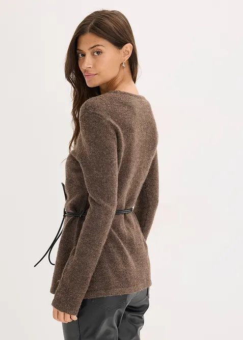Strickshirt mit Wollanteil und Lederimitat- Bindeband, bonprix