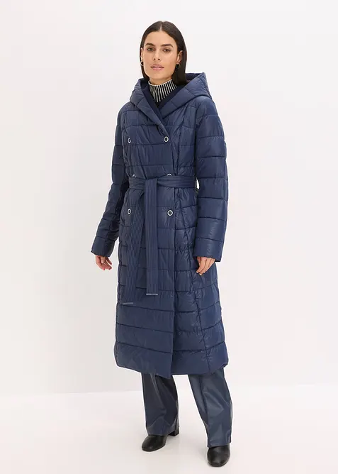 Doudoune longue et déperlante avec empiècement aspect laine et ceinture à nouer, bonprix