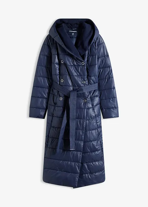 Doudoune longue et déperlante avec empiècement aspect laine et ceinture à nouer, bonprix